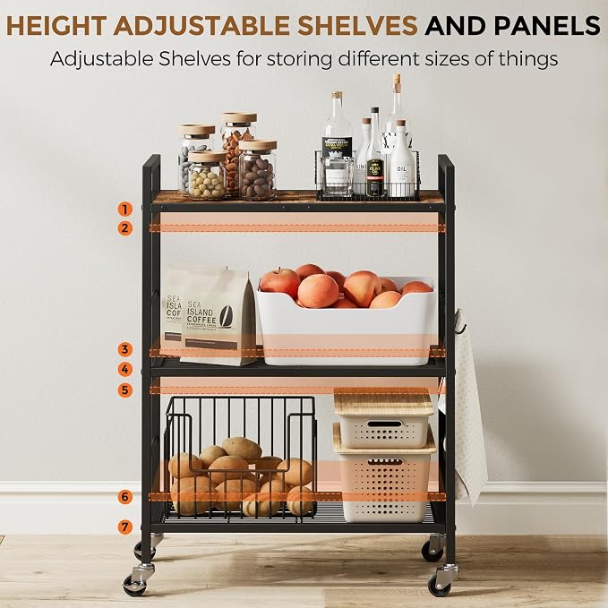 3-Tier Metal Storage Rack with Industrial Wheels,Mesh Shelving Unit with Wooden Table top,Adjustable Shelf,23.6-Inch Width,for Kitchen,Laundry,Pantry,Plant,Black