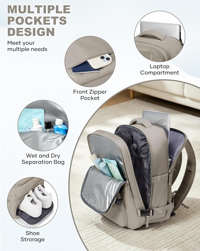 WONHOX Vacuum Seal Backpack for Travel with Air Pump 18x14x8 inches Vacpack Carry on Flight Approved Compression Daypack Laptop Space Saver Bag Storage with Vacuum System Travel Bags Women GreyBrown