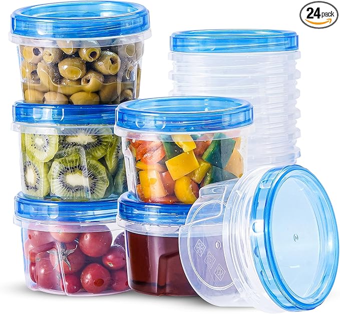RFAQK 24 PCS Freezer Storage Containers with Lids-12 Plastic 16 oz Deli Containers with 12 Screw Lids-Freezer Containers for Soup with Twist Top Lids-Reusable Plastic Box for Lunch, Gym, Travel