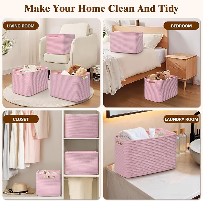 Storage Baskets for Organizing, 4 Pack Baskets for Shelves, Decorative Storage Bins for Shelves, Cotton Rope Storage Basket with Handles, Woven Basket for Storage, 13''Lx8.7''Wx7.9''H, Pink