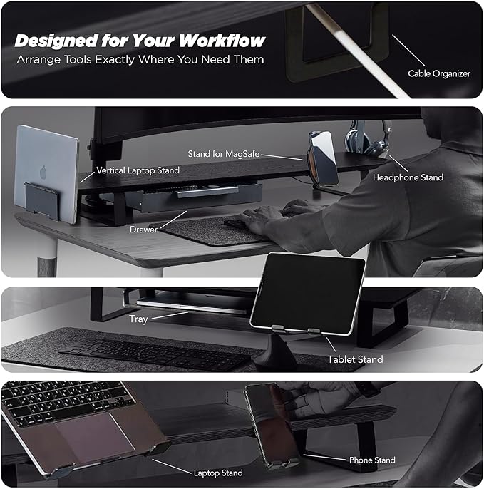 ULTRARM Moodular Wooden Monitor Stand Desk Organizer, Large 45.6" Black | Customizable Organized Workspace, Aluminum Slide Rails, 10 Add-Ons Sold Separately: Storage Drawer, Tablet, Phone & More