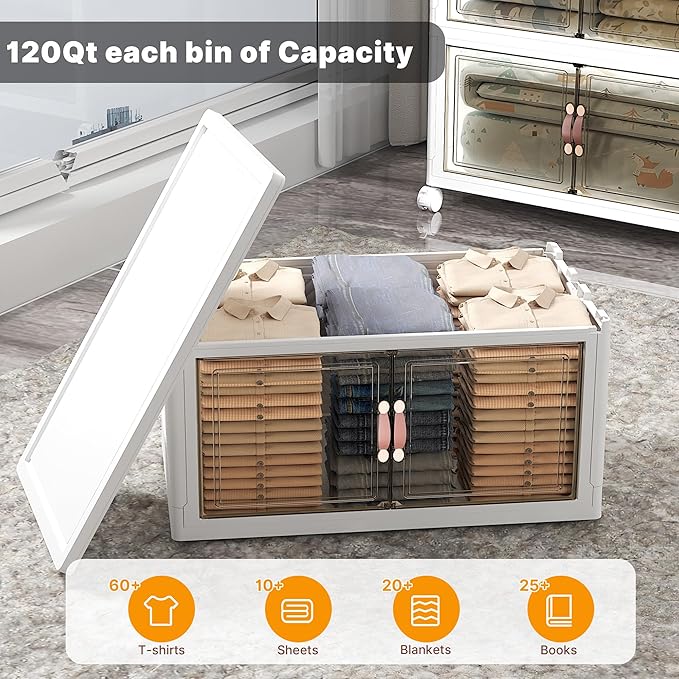 UAMFURI Stackable Storage Bins with Lids, 896QT Closet Organizers and Storage with Doors and Wheels, Extra Large Storage Cabinet, Collapsible Plastic Drawers for Bedroom Dorm Office Garage