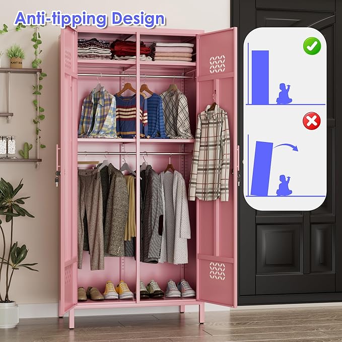 METAN 71" H*33.5" W*20" D Metal Wardrobe Closet with Lock,Extra Deep 2 Doors Metal Wardrobe Cabinet for Home,Assembly Required,Pink