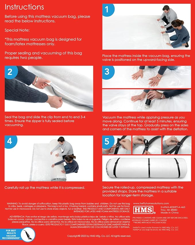 Hefty Shrink-Pak Mattress Bags for Moving – Twin/Twin XL Size | Heavy Duty & Water Resistant Vacuum Compression Mattress Bag, Storage Protection Mattress Cover for Moving