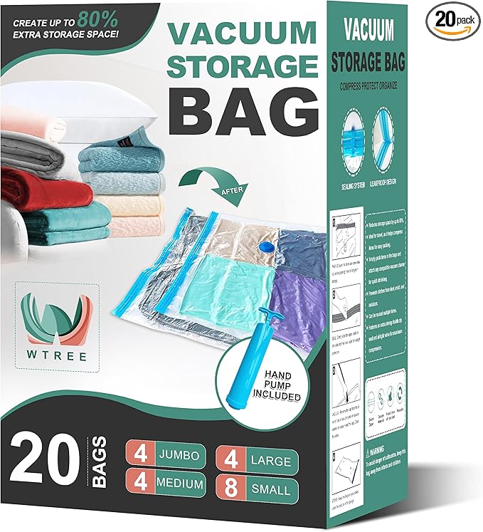 WTREE 20 Pack Vacuum Storage Bags, Space Saver Bags, Vacuum Sealed Bags for Comforters, Blankets, Clothes Storage, Hand Pump Included (4 Jumbo/4 Large/4 Medium/8 Small)
