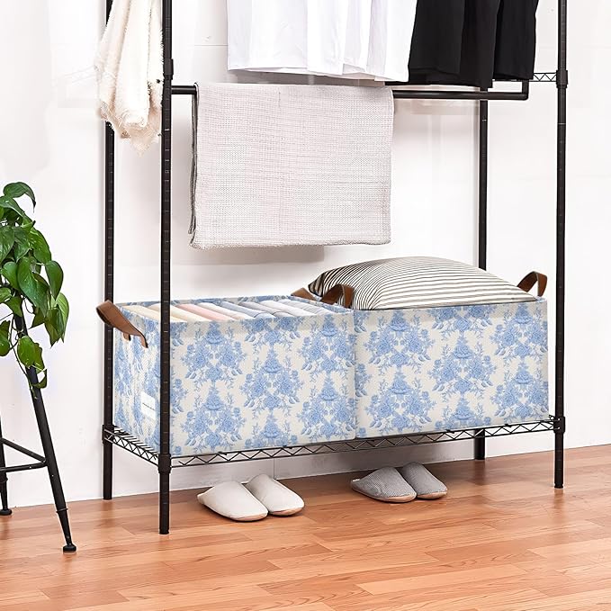 Blue Beige French FloralStorage Bins for Shelves with Labels&Handles Fabric Organizer Bin Foldable Rectangle Storage Basket Boxes for Closet, Bathroom, Home, Living Room, 2 Pack
