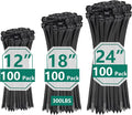 Zip Ties Assorted Sizes 300 Pack,12+14+18 Inch, 300LBS Tensile Strength Heavy Duty Self-locking Nylon Black Cable ties for Indoor Outdoor