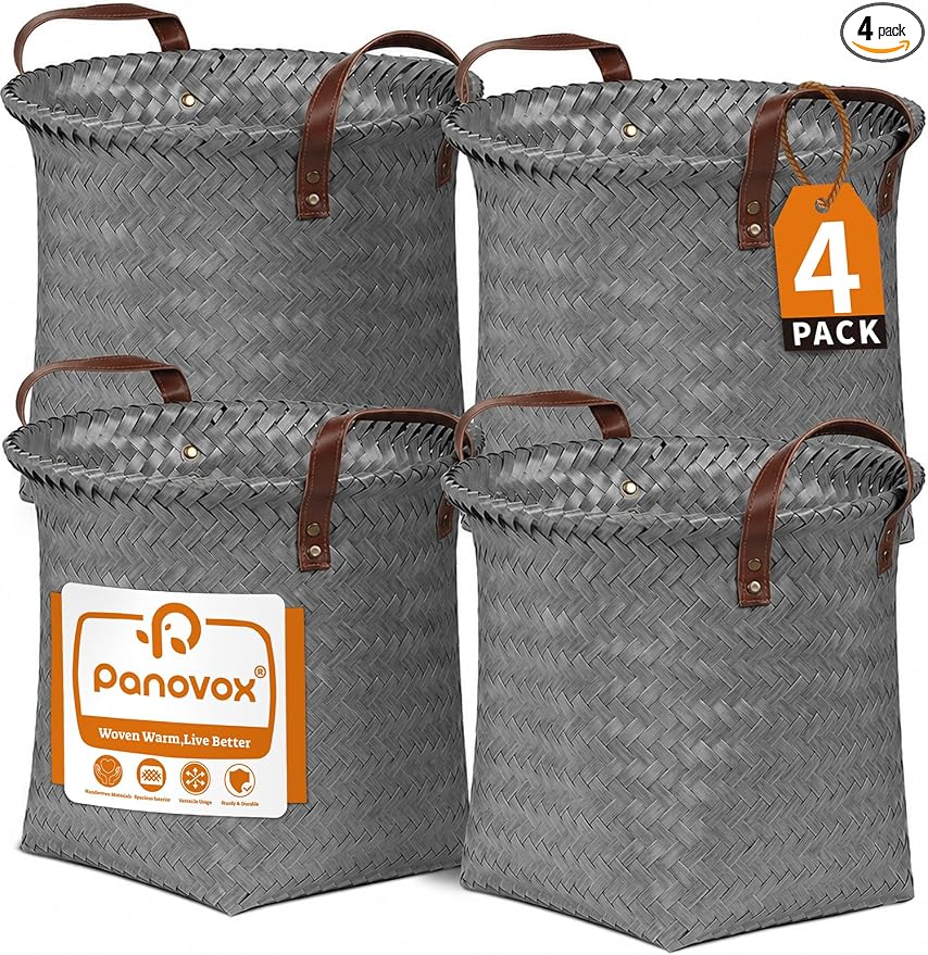 Hand Woven Baskets for Storage, 4Pcs Water-Resistant Wicker Baskets, Grey Wicker Storage Baskets for Shelves, Large Basket with Handle for Organizing, Closet, Laundry, Blanket - Round