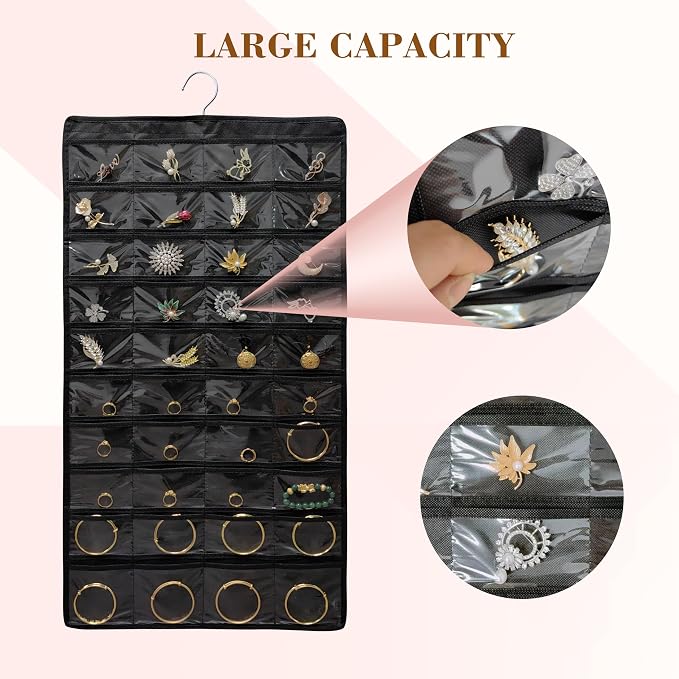 Hanging Jewelry Organizer for Closet Wall Door Double-Sided Jewelry Holder for Earrings, Necklaces, Rings 1 Pcs (Black)