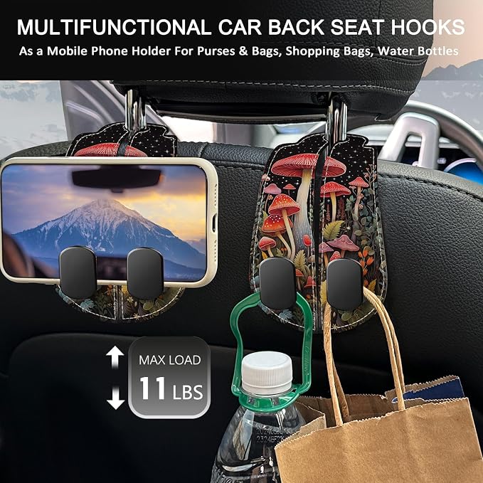 Blusabaca 2PCS Car Seat Headrest Hooks, Purses Bags Holder, Mushroom | PU Leather, Double Metal Back Storage Hangers for Grocery Bags Handbags Bottles Coats Phones, Car Accessories Organization