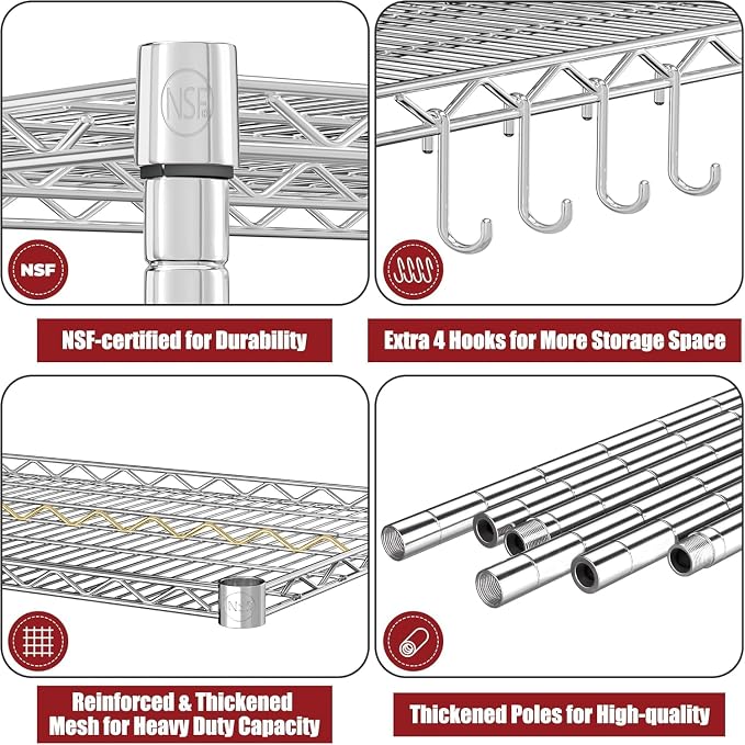 PrimeZone 5 Tier 48" Wx24''Dx81''H Wire Shelving with Wheels 3000lbs NSF Storage Shelves Heavy Duty Metal Shelf Adjustable Rolling Rack Commercial Garage Restaurant Warehouse Kitchen Chrome 6Pack