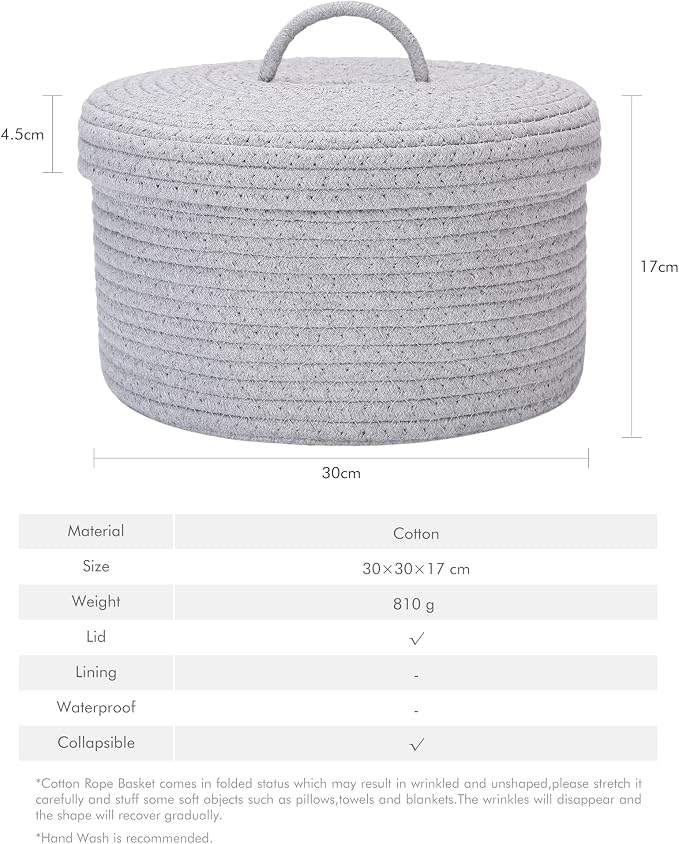 Sea Team Round Cotton Rope Storage Basket with Lid, Lidded Woven Storage Bin, Nursery Storage Container, Diaper Caddy, Baby Shower Basket, Box, Organizer, 11.8 x 11.8 x 6.7 Inches (Medium, Grey)