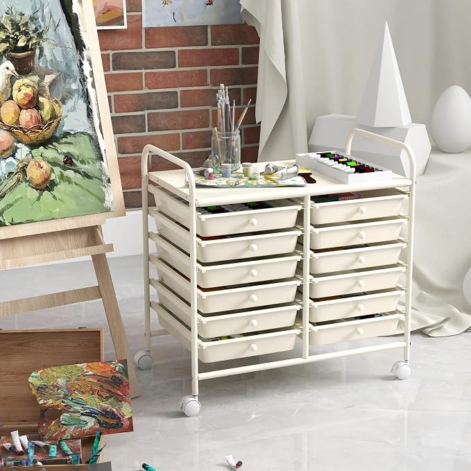 LDAILY 12 Drawer Rolling Storage Cart, Craft Cart Organizer on Wheels w/Metal Frame, Large Capacity & Smooth Drawer, Rolling Cart w/Drawers for Classroom, Office