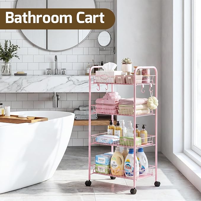 PLKOW 4-Tier Rolling Utility Cart with Detachable Baskets, Pink | 4-tier steel cart with detachable baskets, anti-fall pads, hooks, and 360° wheels for compact home storage