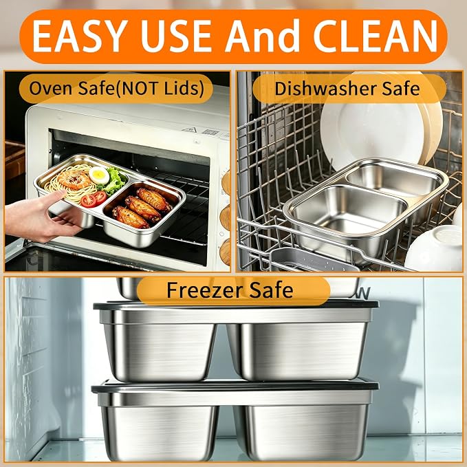 3 Pack Stainless Steel Bento Box with Lids 2 Compartment Containers | Metal Reusable Snack Lunch box Leak Proof Food Storage Container BPA Free Meal Prep Women Kids for Picnic, Office, Outside