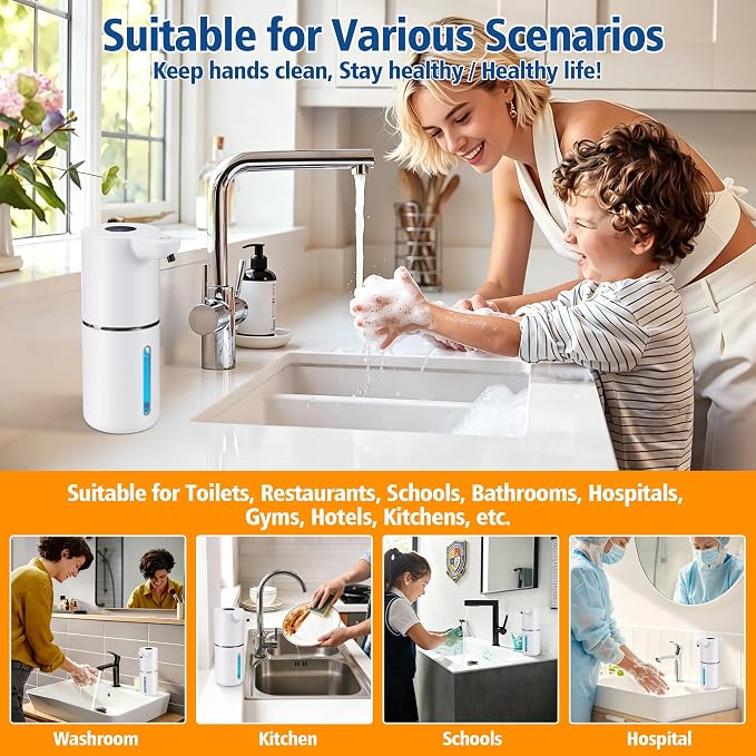 Automatic Foaming Soap Dispenser, Touchless, 350ml, White | Rechargeable Foam Soap Dispenser with Digital Display, 4 Adjustable Foam Levels, 11.8 oz Countertop or Wall Mounted