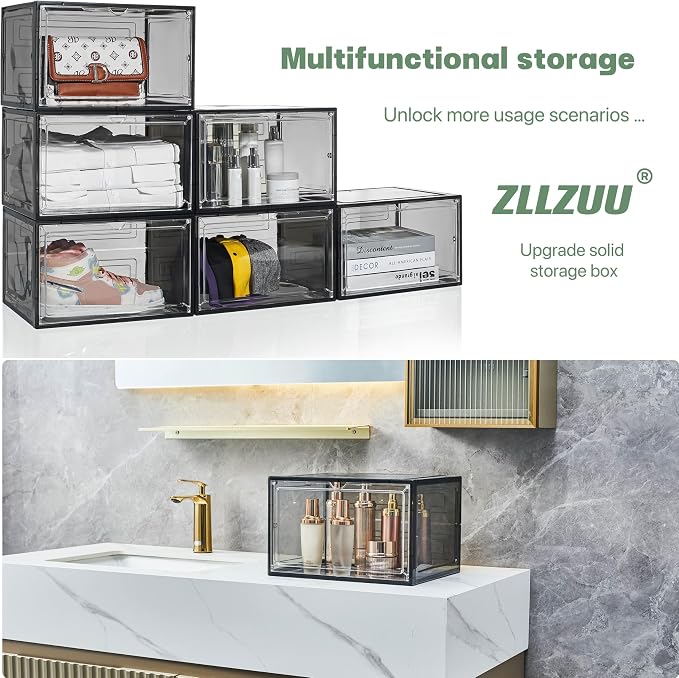 ZLLZUU Shoe Shoe Storage Boxes, 6 Pack Stackable Shoes Organizer Black | Clear Drop Front, Dustproof Magnetic Door, Stackable Containers, for High-Top Sneakers, Durable and Sturdy, Easy to Assemble