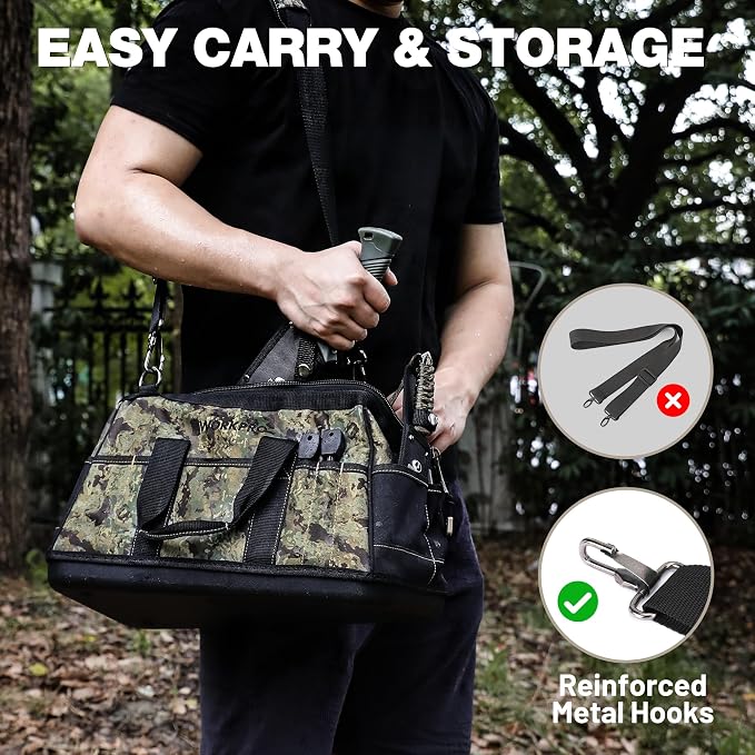 WORKPRO 16-Inch Wide Mouth Tool Bag with Water Proof Molded Base | Multi-Pocket, Heavy Duty Cloth, Adjustable Shoulder Strap, Double-pull Zipper, For Workshops, Outdoor Projects
