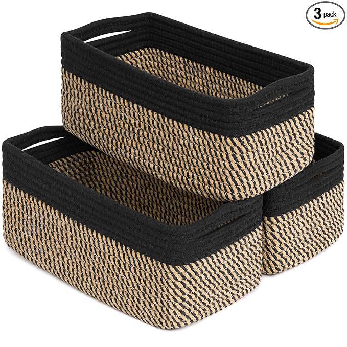 Goodpick Storage Baskets, Shelf Baskets for Organizing Dog Toy Basket Closet Organizer Bins Nursery Woven Basket for Storage Cube Decorative Box 3 Pack, Black & Jute, 13 x 8 x 5 in