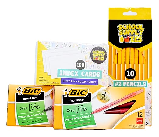 School Supply Boxes | Elementary Writing Case (2 Boxes) | Back to School Essentials Kit for Students & Teachers | Includes Wide-Ruled Filler Paper, Wide-Ruled Notebooks, 12 ct. Pens, & More