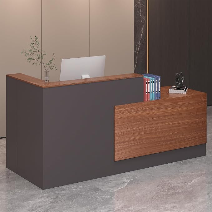L-Shaped Reception Desk,Large Front Desk with Keyboard Tray, Lockable Drawers & File Cabinet, Receptionist Desk for Checkout,Lobby (Left L-Walnut/Slate Gray, 86.6''L x 23.6''W x 41.3''H)