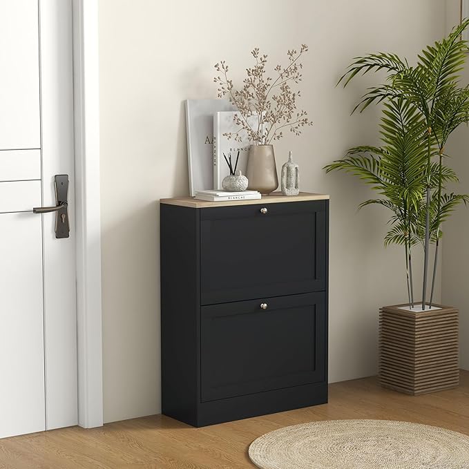 HOMCOM Shoe Cabinet with 2 Flip Drawers, Narrow Slim Shoe Rack, Black | Freestanding, Storage Cabinet, for Entryway, Hallway