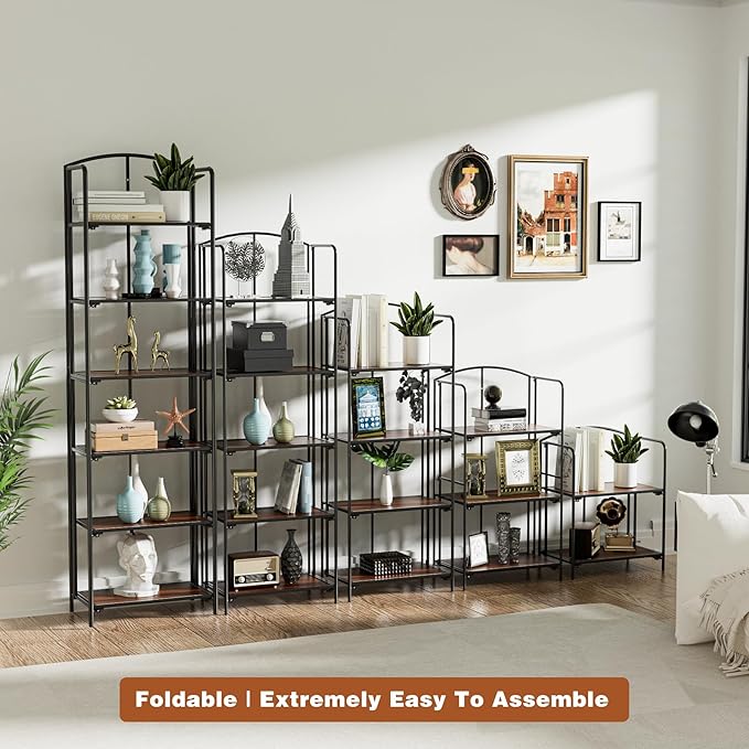 Crofy 3-Tier Foldable Bookshelf, Black Frame & Walnut Shelves | No-Assembly Collapsible Portable Storage Organizer; Sturdy Walnut Finish Shelves; Ideal for Living Room & Home Office