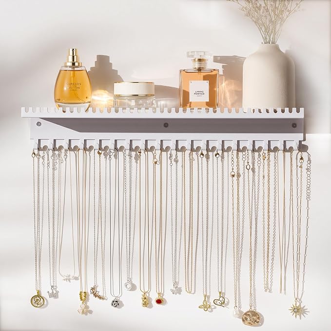 Necklace Holder Wall Hanging Organizer: Wall Mounted Jewelry Shelf with 56 Hooks and Tray, Display Hanger for Kids, Girls and Women, White & Metal