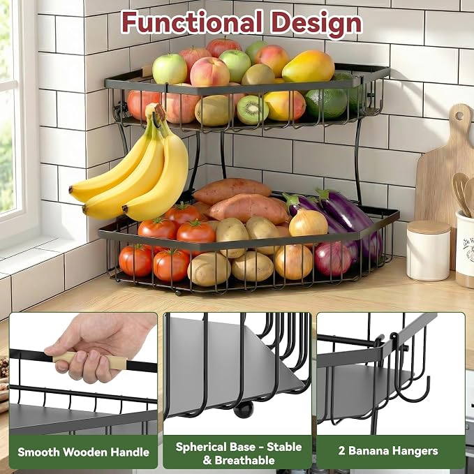 2 Tier Fruit Basket for Kitchen Counter - Detachable Metal Fruit Bowl with 2 Banana Hangers for Corner , Large Capacity Fruit Stand with Wooden Handle for Bread Fruit and Vegetable Storage- Black