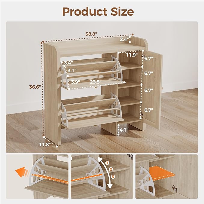 Mericonia Shoe Cabinet Storage for Entryway with 2 Flip Drawers(3-Tier), Rattan Freestanding with Door & 3 Adjustable Shelve,Hidden Shoe Rack Organizer for Hallway, Foyer