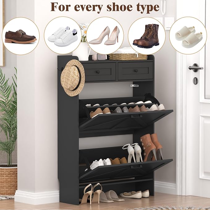 Thacuok Black Shoe Cabinet with 2 Flip Drawers & 2 Storage Drawers, Rustic Farmhouse Narrow Shoe Organizer Cabinet, Slim Shoe Rack Cabinet, Shoe Storage Cabinet for Entryway, Hallway
