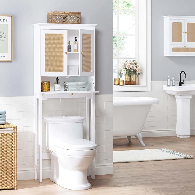 Spirich Over the Toilet Storage Cabinet with Hand-Woven Rattan Doors, White | Tilt-Out Storage Cube, Adjustable Shelf, 33-Inch Toilet Clearance, Anti-Tip Bracket, Bathroom Organizer for Toiletries