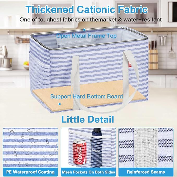 LHZK 2 Pack Utility Tote Bag with Metal Wire Frame and the Sides Rinforced, Large Tote Bag with Handle, Reusable Grocery Bags Foldable, Beach Bag, Car Tote (Blue, 18.5''x11.8''x11.5'')