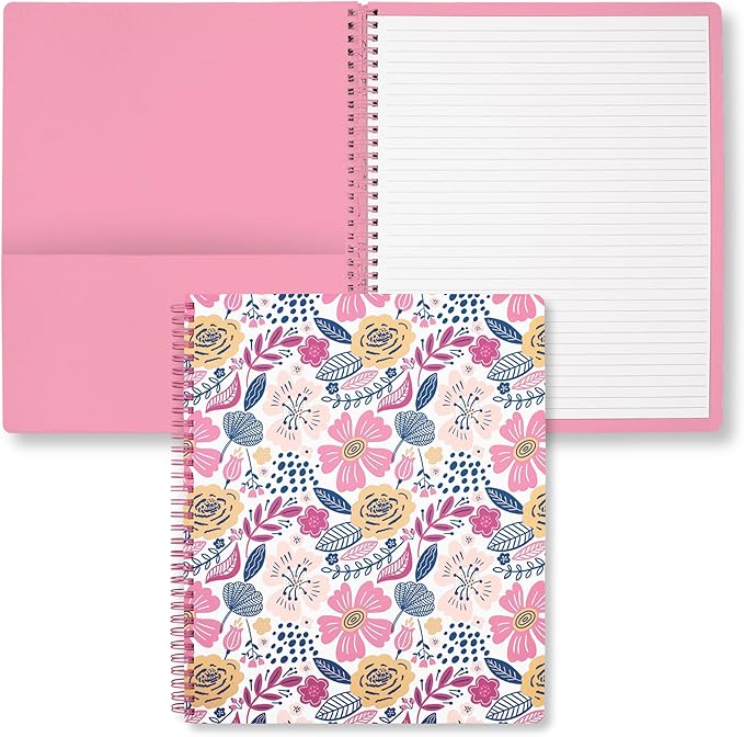 Steel Mill & Co Cute Large Spiral Notebook College Ruled, 11" x 9.5" with Durable Hardcover and 160 Lined Pages, Mosaic Floral