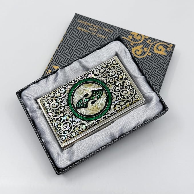 Mother of Pearl Business Card Case Credit Id Name Holder Travel Wallet Art Painting Design Metal Stainless Steel Engraved Slim Purse Pocket Cash Money Wallet -Crane-(Kiss)