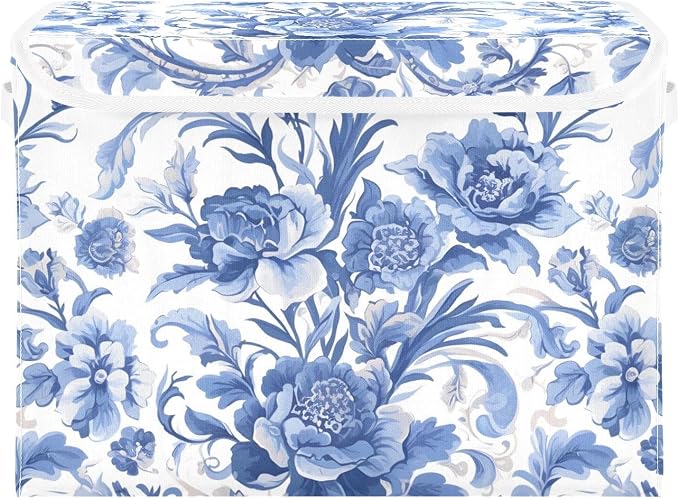 Flower Blue Lidded Storage Bins with Handles - 16.5"x12.6"x11.8" Foldable Organizing Box, Oxford Fabric & Honeycomb Board, Dust-Proof Flip Lid for Closet/Office