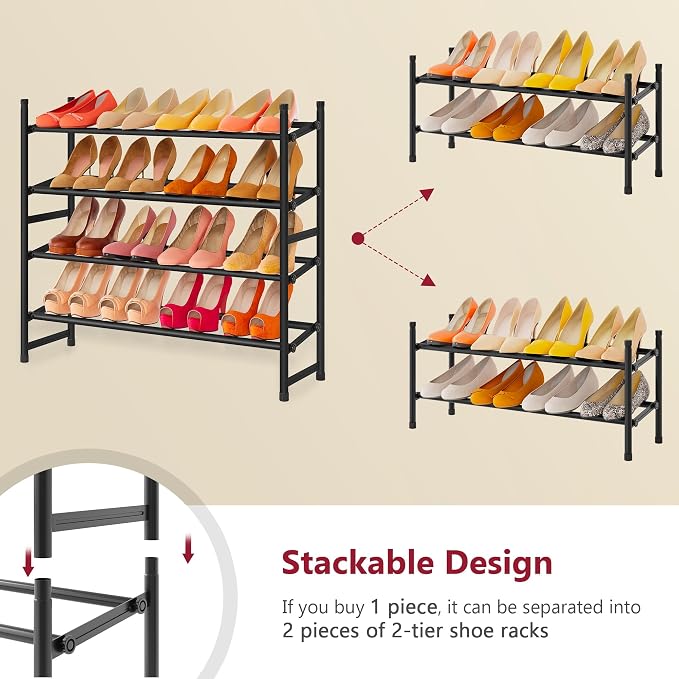 Tajsoon Expandable Shoe Rack for Closet 4 Tier, 29“-41“Adjustable & Stackable Shoe Shelf Storage, Metal Shoe Rack Organizer for Front Door Entrance, Closet, Garage, Entryway, Black