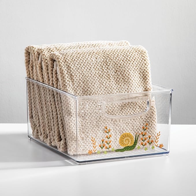 iDesign Bathroom Organizer Bin, Clear/Snail | Decorative Print, Stackable, Plastic Storage Basket, For Makeup & Vanity Organization