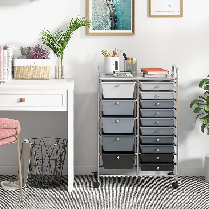 BECOMFORT 15-Drawer Rolling Cart with Drawers, Storage Cart on Wheels, Teacher Classroom Organizers with Metal Frame, Mobile Craft Cart for Tools, Trolley Utility Cart for School Office Play Room