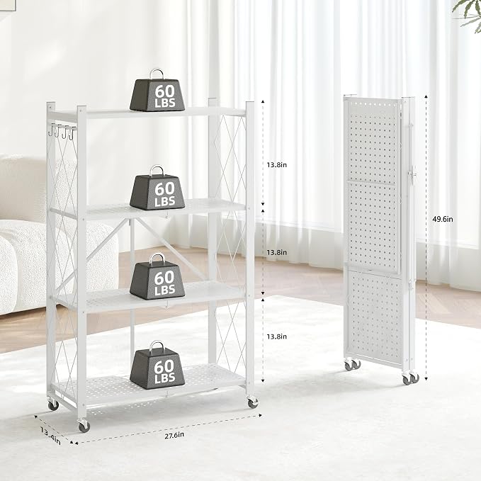 Fenbeli Foldable Shelves with Wheels - 4 Tier Folding Shelf, Collapsible No Assembly Metal Shelving Unit, Origami Storage Shelves & Rolling Storage Rack with 8 Hooks for Kitchen Pantry Garage