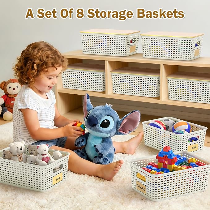 Stackable Storage Basket: Plastic Baskets Bins, Baskets for Organizing, Pantry Decorative Containers for Closets, Cabinets, Shelves(8 Pack, White)