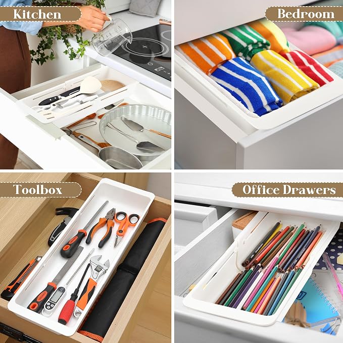 2 Pack Deep Drawer Organizer Adjustable Storage Bin(17.4-27.6") | Adjustable Width Design, Maximize Drawer Storage, Kitchen & Home Organization Solution
