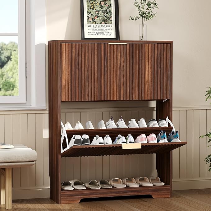 Garvee Shoe Storage Cabinet with 2 Flip Drawers,Slim Fluted Shoe Rack Cabinet with Open Storage,Wooden Hidden Shoe Rack Freestanding Narrow Shoes Organizer for Hallway, Entrance,Foyer,Walnut