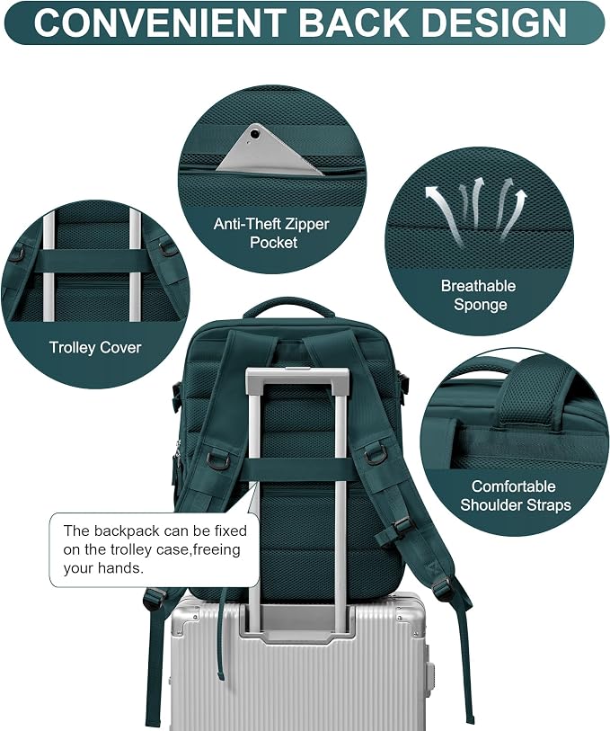 WONHOX Large Travel Backpack Women,Carry On Backpack Flight Approved 18x14x8 inches Bag Spirit Airlines Personal ltem,College Sports Hiking Rucksack Laptop Blackpack mochila de viaje,PeacockBlue