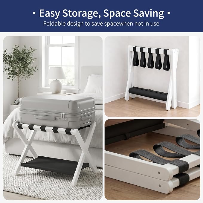 Heybly Luggage Rack for Guest Room, Folding Luggage Stand & Suitcase Holder, Suitcase Stand, Heavy Duty Wooden Luggage Rack with Double Shelf for Hotel & Bedroom, 5 Heavy Duty Straps, White HLR012W1