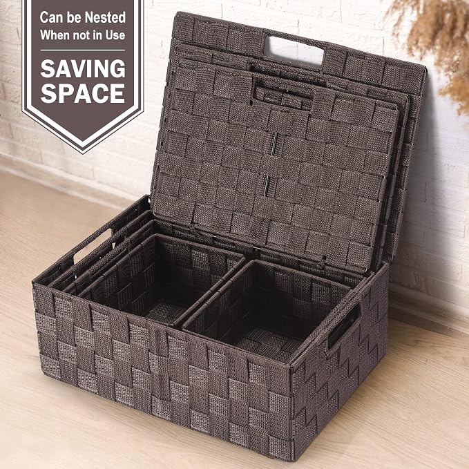 Storage Bins Baskets for Organizing with Lids, Storage Baskets for Shelves Stackable Woven Basket, Gift Small Basket Storage Cubes, Decorative Wicker Basket with Built-in Handles (5 Pack, Brown)