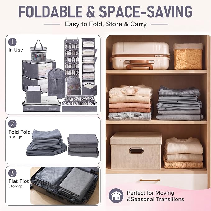 Briwooody 11 Pcs College Dorm Storage Set, Dorm Organizer Kit with Closet Organizer, Over Door Shoe Rack, Under Bed Storage Bags, Laundry Backpack, Shower Caddy, Collapsible Bins(Gray)