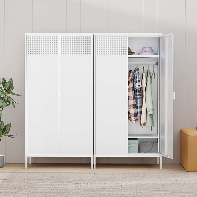 Ustamio 71 Inches White Metal Wardrobe Cabinet with Hanging Rod, Metal Armoire Wardrobe Closet with Doors for Bedroom, Office, Laundry Room and Changing Room, Metal Locker Cabinet
