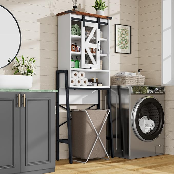 kepptory Over The Toilet Storage Cabinet, Above Toilet Storage Cabinet with Adjustable Shelves and Barn Door, Farmhouse Behind Toilet Bathroom Organizer for Bathroom, Laundry Room, Off-White