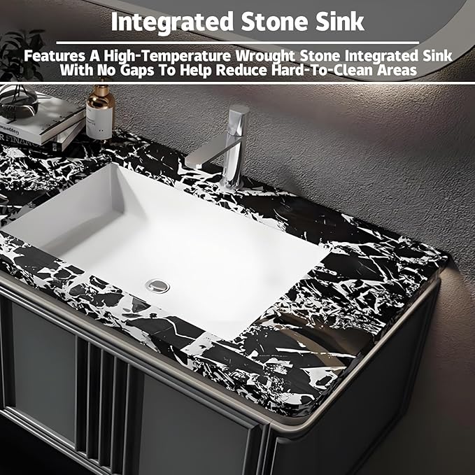 Black 70IN Dual Bathroom Vanity with Sink - Modern Floating Bathroom Vanity Set | Equipped with LED Smart Defogging Mirror | Luxurious Marble Countertop | Oak Material